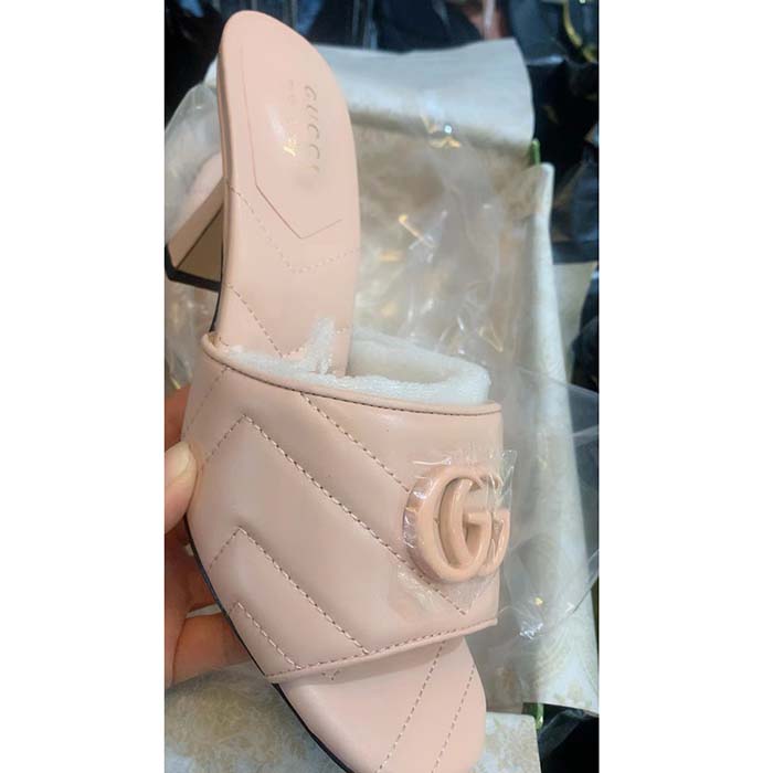 G*u*i women double g slide sandal beige chevron matelassé leather mid 7.6 cm heel