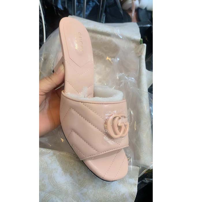 G*u*i women double g slide sandal beige chevron matelassé leather mid 7.6 cm heel