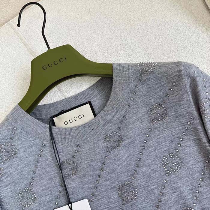 G*u*i women gg cashmere crewneck interlocking g grey diagonal stripe crystals