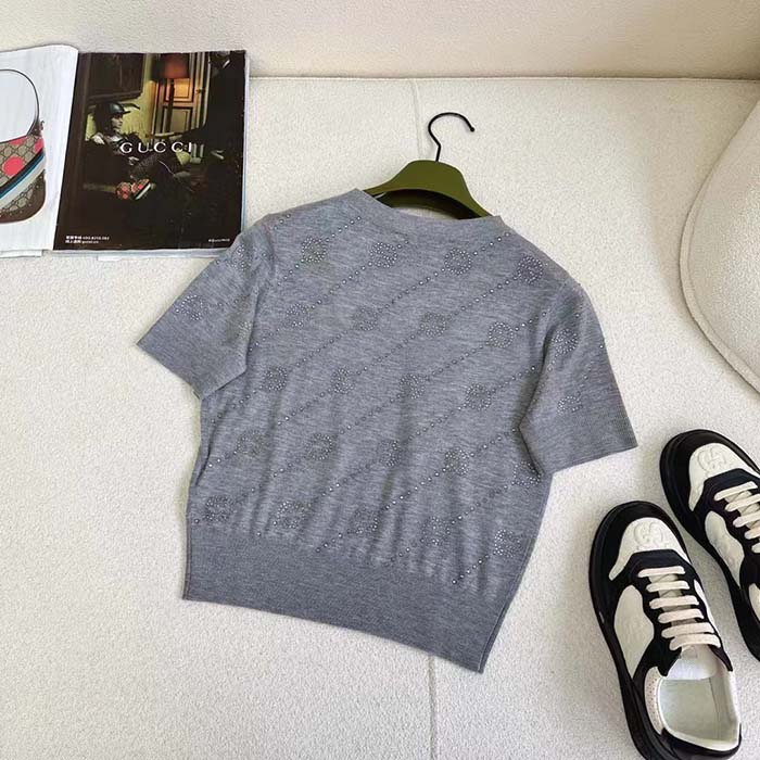 G*u*i women gg cashmere crewneck interlocking g grey diagonal stripe crystals