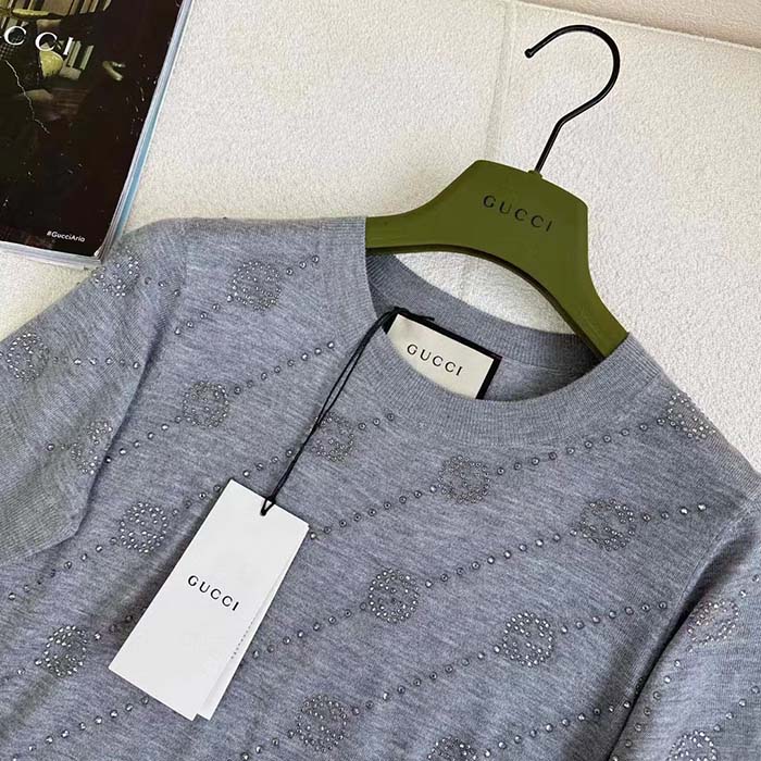G*u*i women gg cashmere crewneck interlocking g grey diagonal stripe crystals