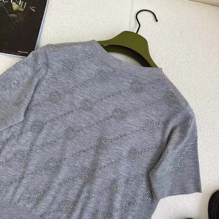 G*u*i women gg cashmere crewneck interlocking g grey diagonal stripe crystals