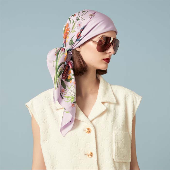 G*u*i women gg flora print silk carré multicolor purple twill
