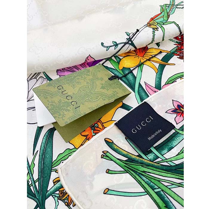 G*u*i women gg flora print silk carré multicolor white twill