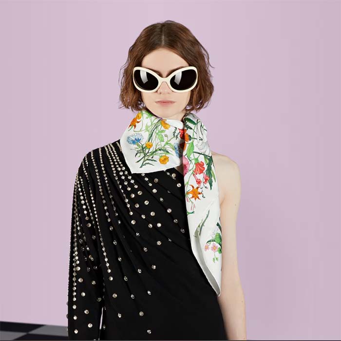 G*u*i women gg flora print silk carré multicolor white twill
