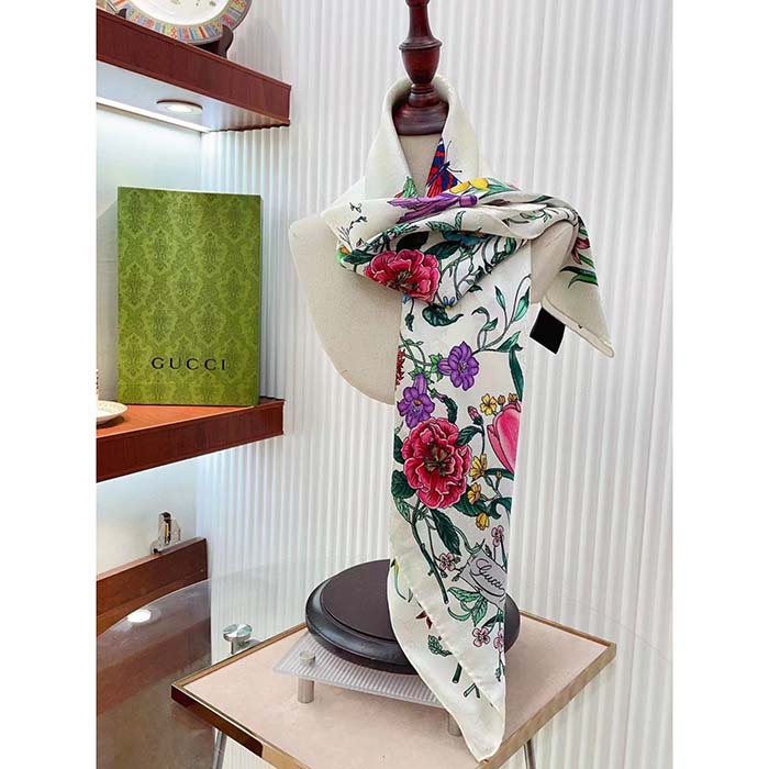 G*u*i women gg flora print silk carré multicolor white twill