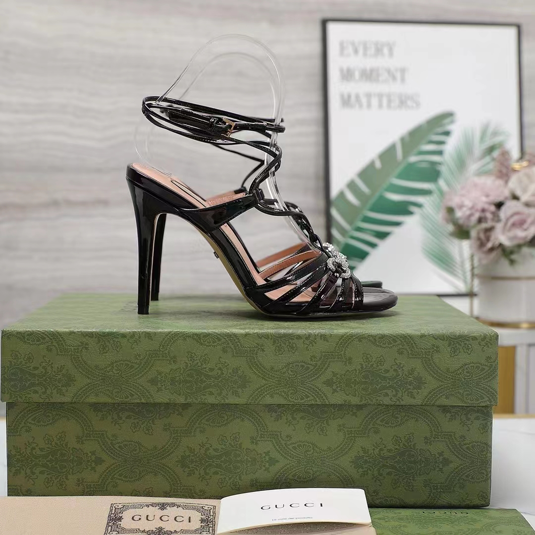 G*u*i women gg horsebit sandal black leather crystals high 10.4 cm heel