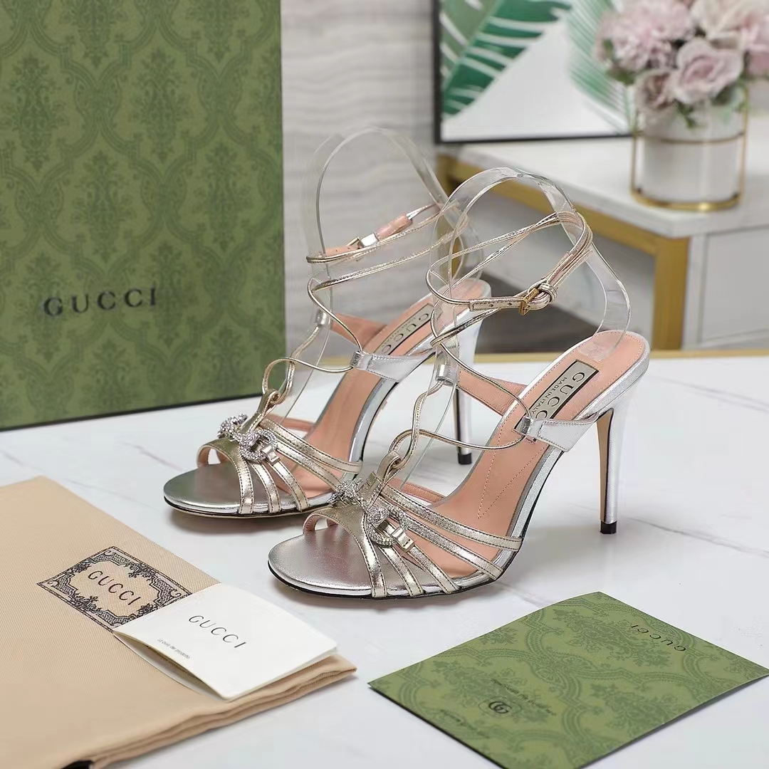 G*u*i women gg horsebit sandal metallic silver gold leather crystals high heel