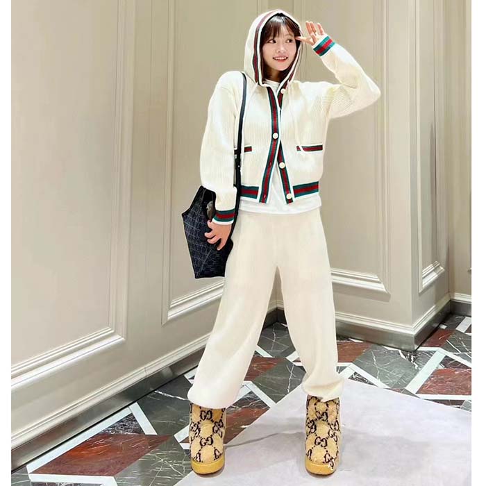 G*u*i women gg rib wool pant web elastic waist drawstring elastic leg cuffs
