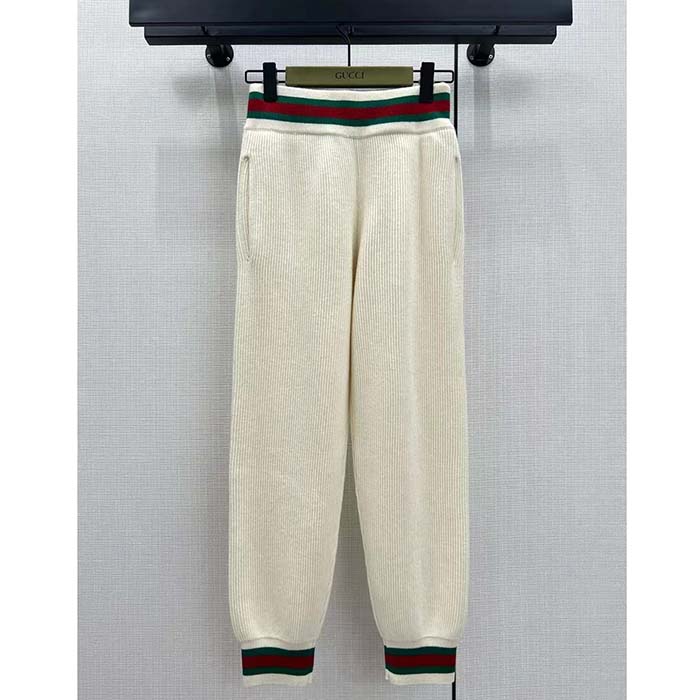 G*u*i women gg rib wool pant web elastic waist drawstring elastic leg cuffs