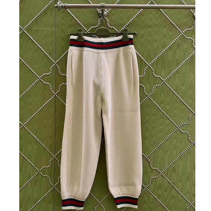 G*u*i women gg rib wool pant web elastic waist drawstring elastic leg cuffs