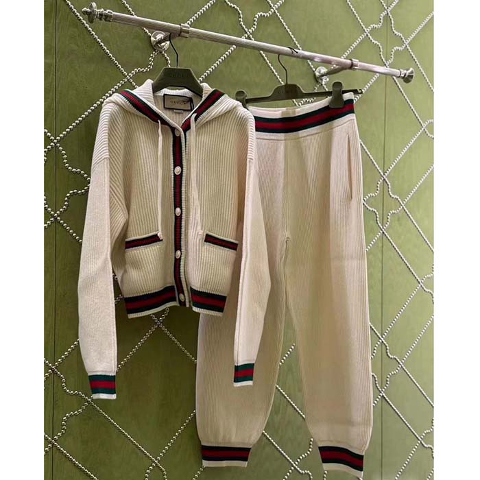 G*u*i women gg rib wool pant web elastic waist drawstring elastic leg cuffs