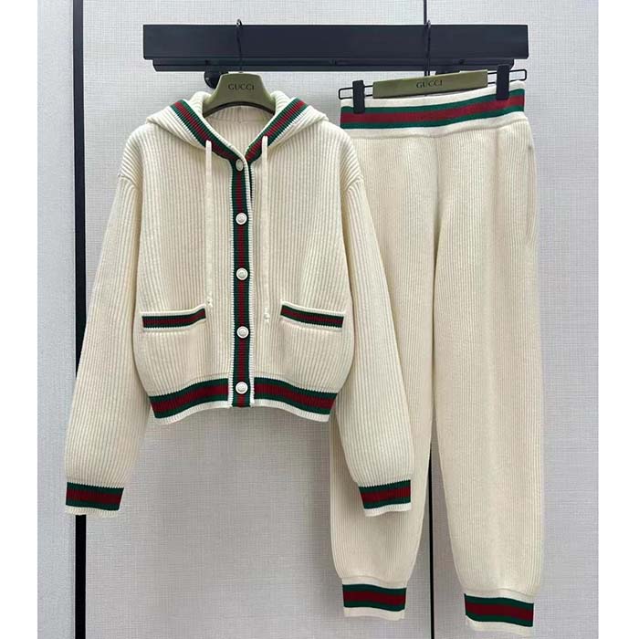 G*u*i women gg rib wool pant web elastic waist drawstring elastic leg cuffs