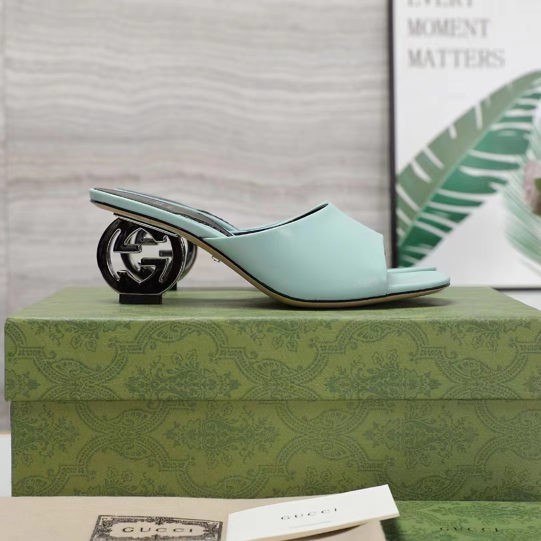 G*u*i women interlocking g heel sandal light green leather mid 7.6 cm heel