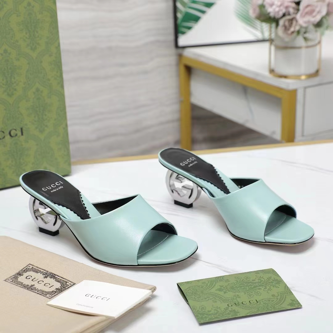 G*u*i women interlocking g heel sandal light green leather mid 7.6 cm heel