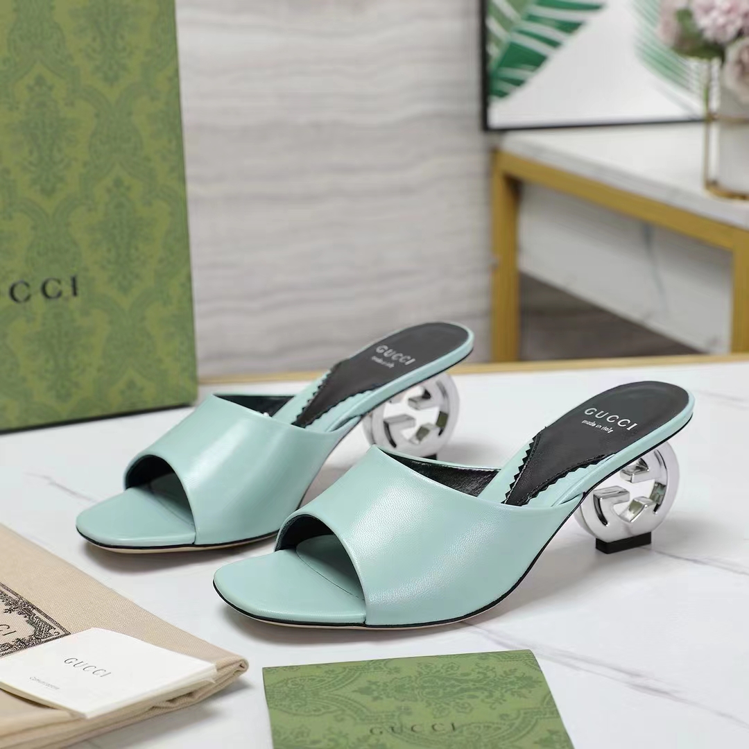 G*u*i women interlocking g heel sandal light green leather mid 7.6 cm heel