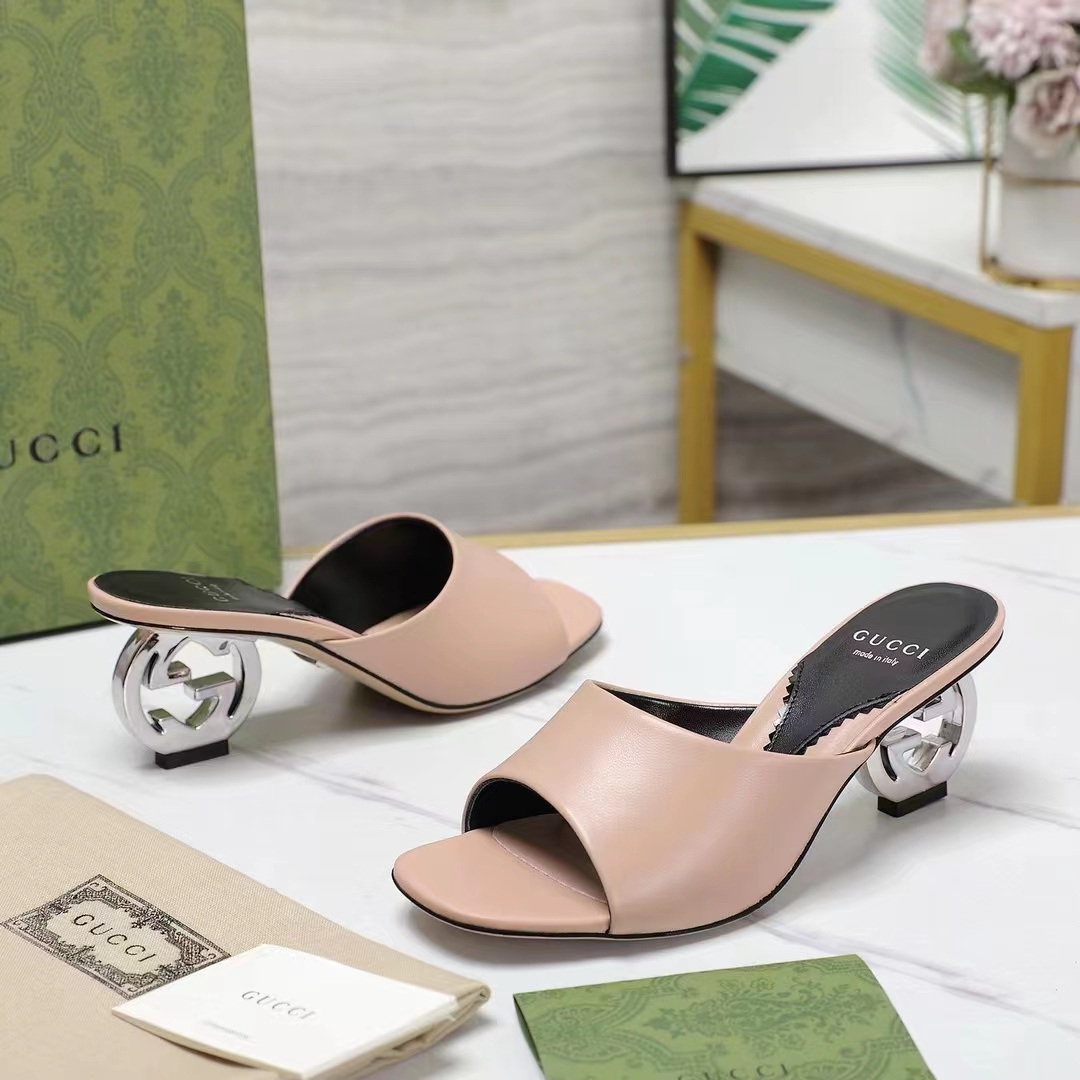 G*u*i women interlocking g heel sandal light pink leather mid 7.6 cm heel