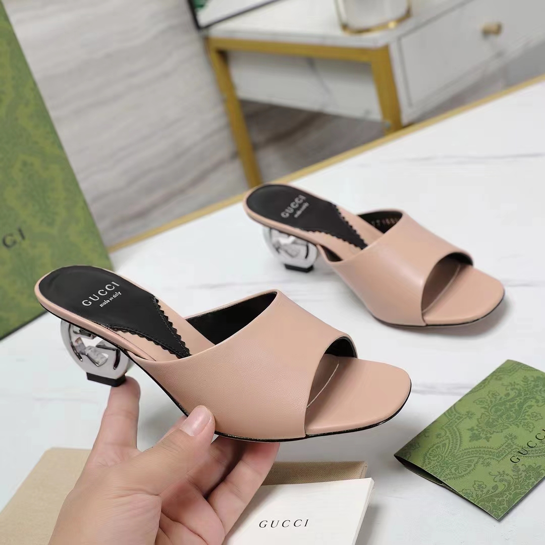 G*u*i women interlocking g heel sandal light pink leather mid 7.6 cm heel