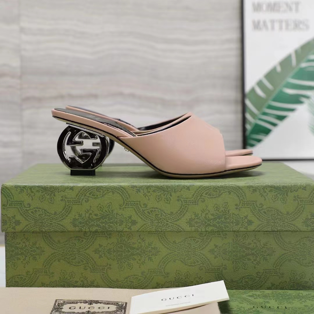 G*u*i women interlocking g heel sandal light pink leather mid 7.6 cm heel