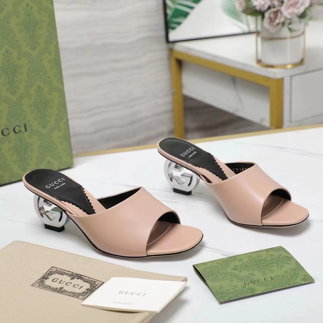 G*u*i women interlocking g heel sandal light pink leather mid 7.6 cm heel