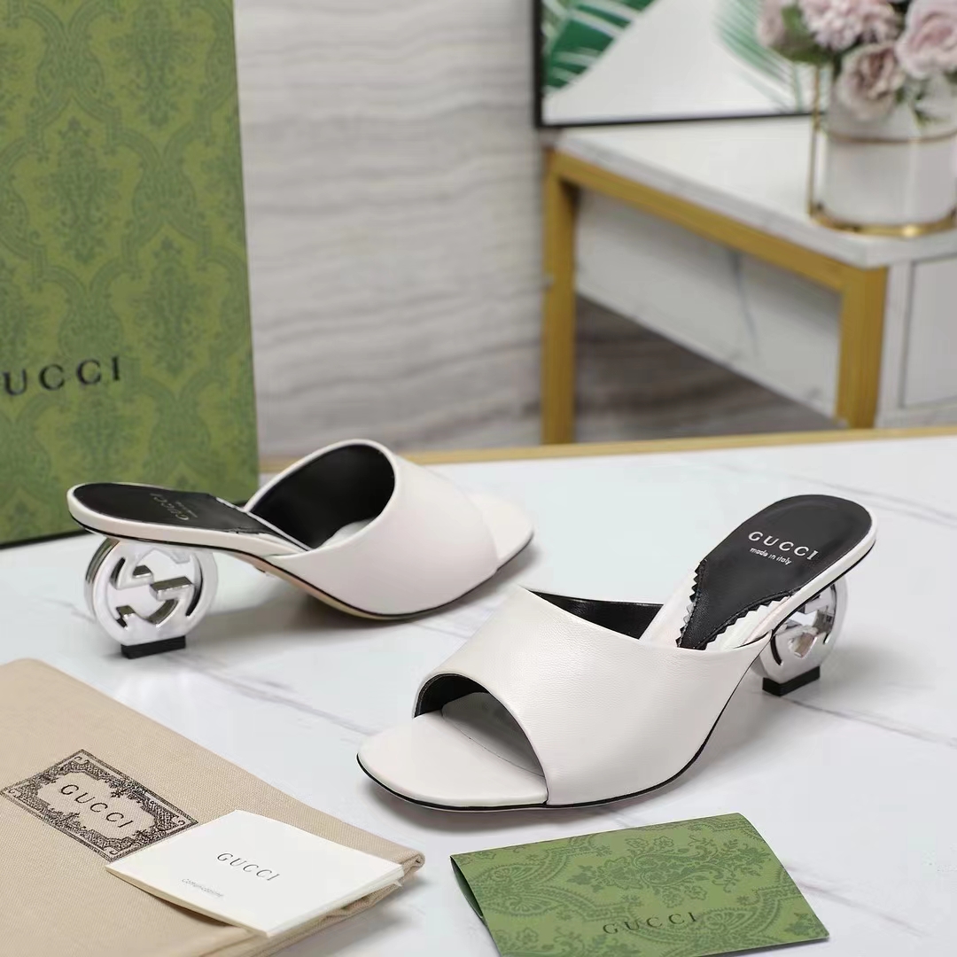 G*u*i women interlocking g heel sandal white leather mid 7.6 cm heel
