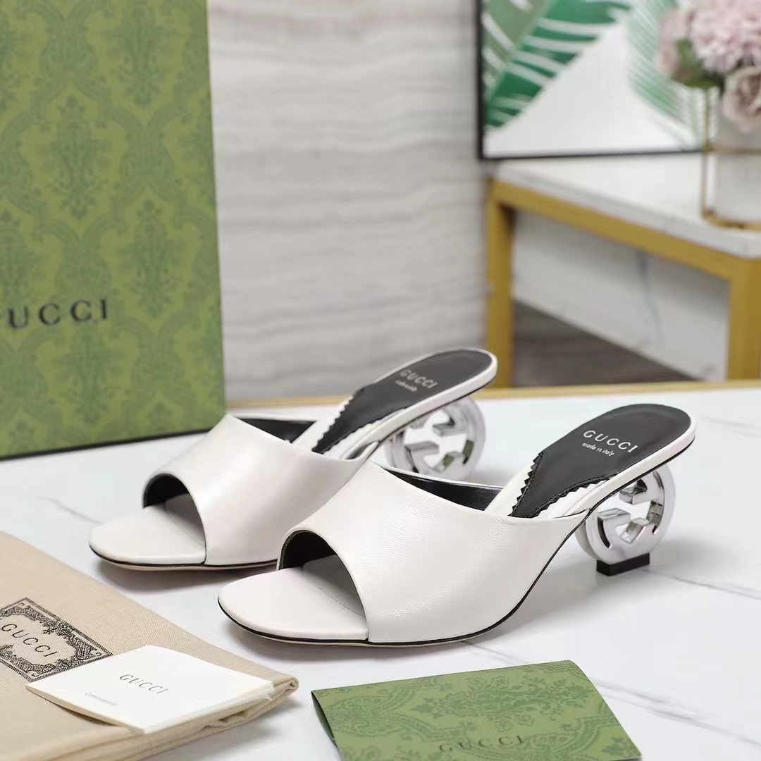 G*u*i women interlocking g heel sandal white leather mid 7.6 cm heel