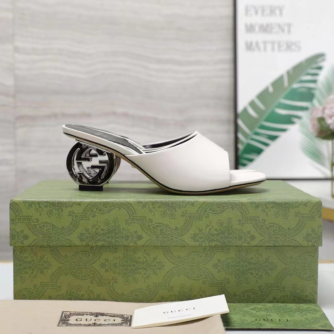 G*u*i women interlocking g heel sandal white leather mid 7.6 cm heel
