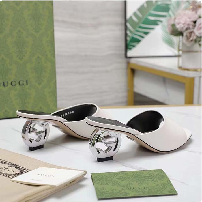 G*u*i women interlocking g heel sandal white leather mid 7.6 cm heel