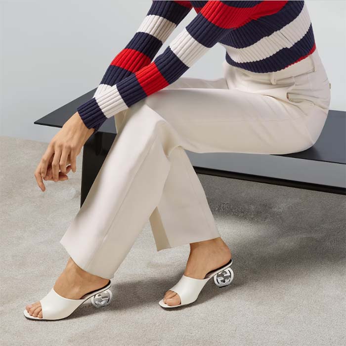 G*u*i women interlocking g heel sandal white leather mid 7.6 cm heel