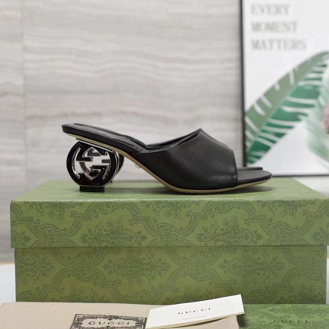 G*u*i women interlocking g heel slide black leather mid 7.6 cm heel