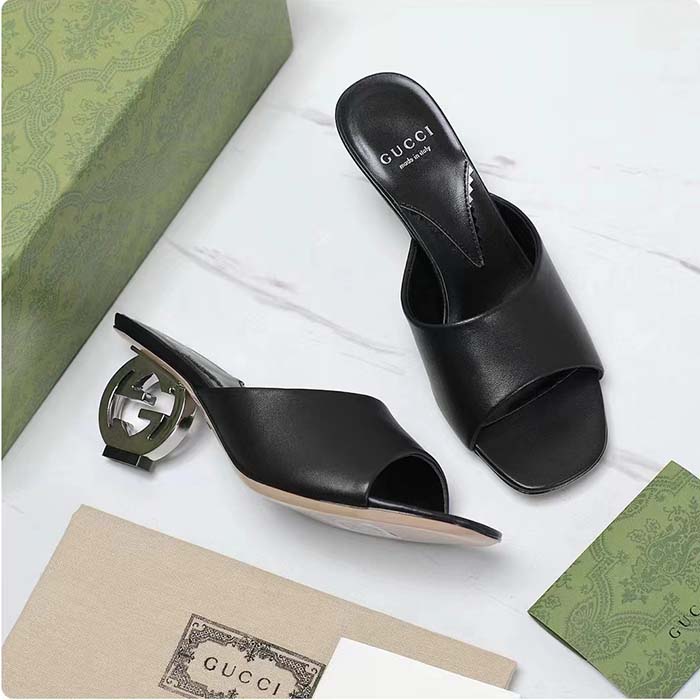 G*u*i women interlocking g heel slide black leather mid 7.6 cm heel