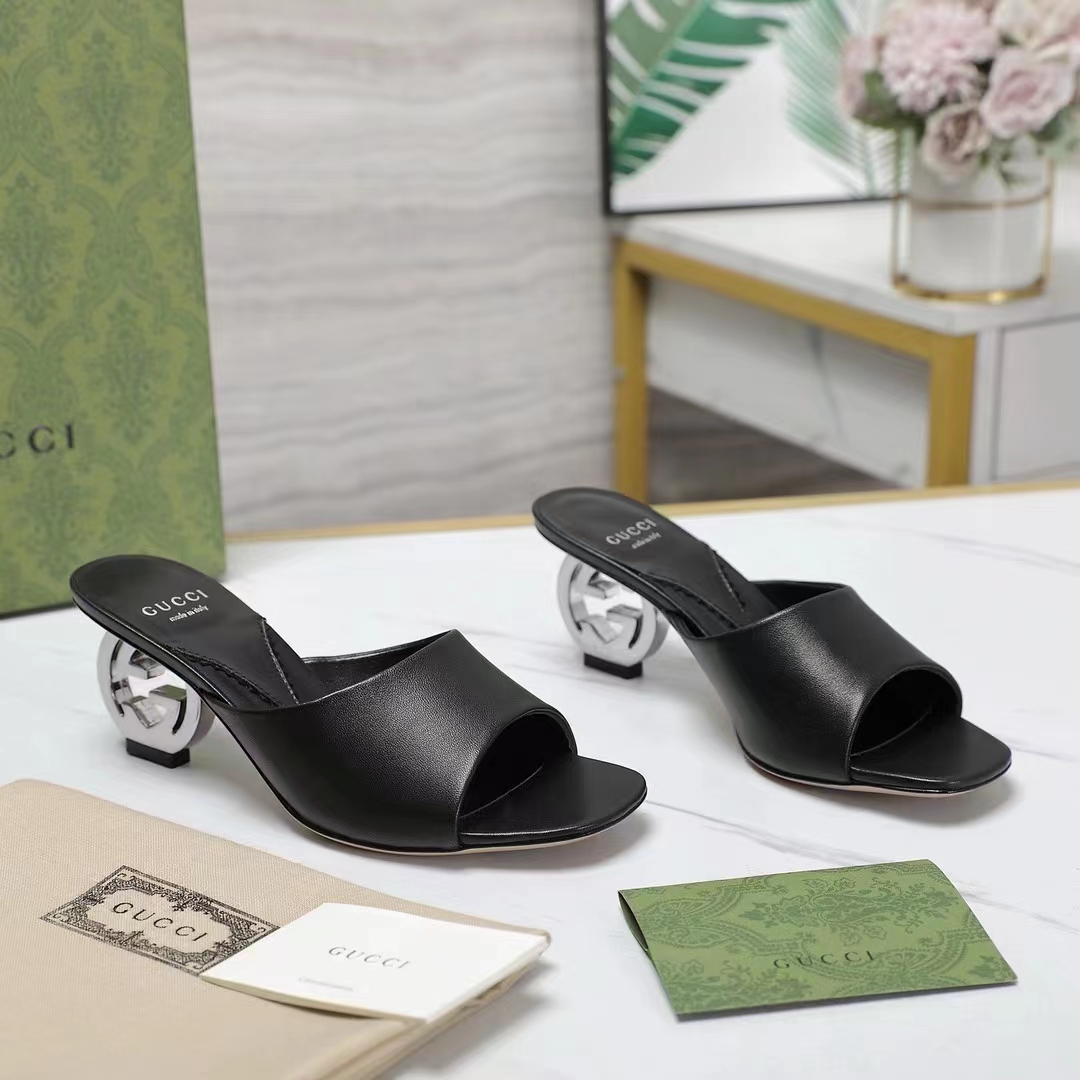 G*u*i women interlocking g heel slide black leather mid 7.6 cm heel