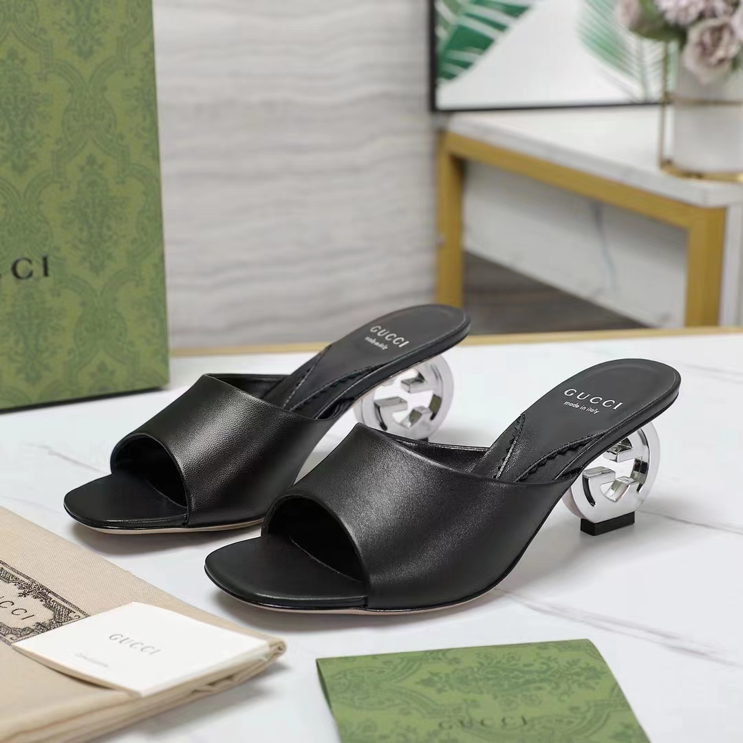 G*u*i women interlocking g heel slide black leather mid 7.6 cm heel