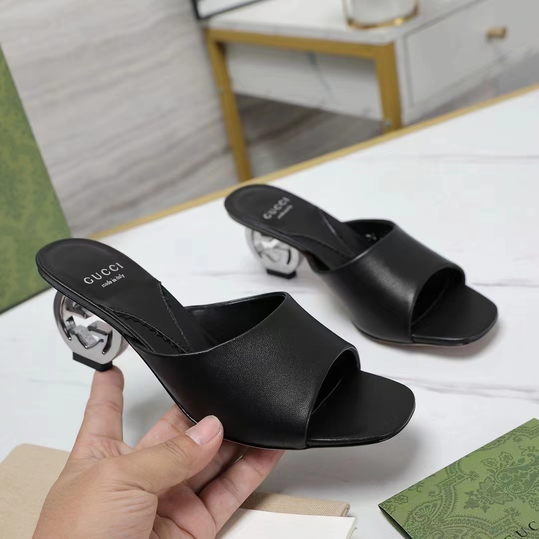 G*u*i women interlocking g heel slide black leather mid 7.6 cm heel
