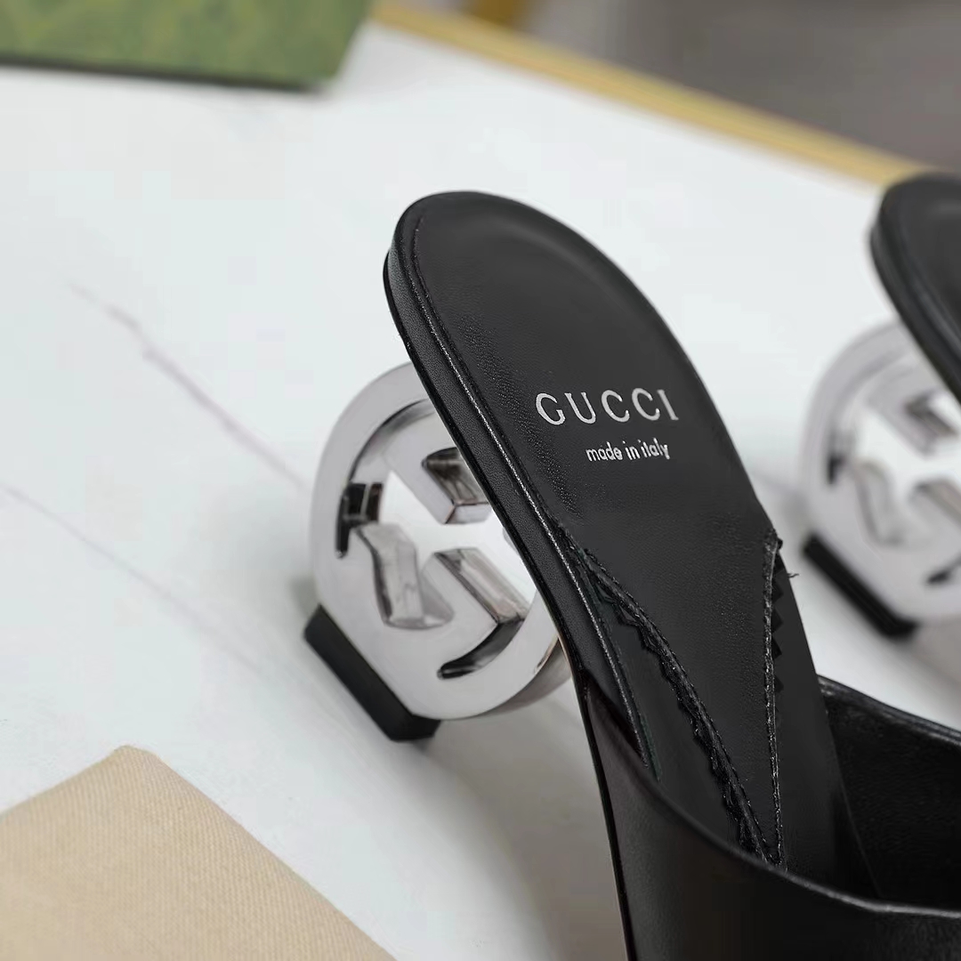 G*u*i women interlocking g heel slide black leather mid 7.6 cm heel
