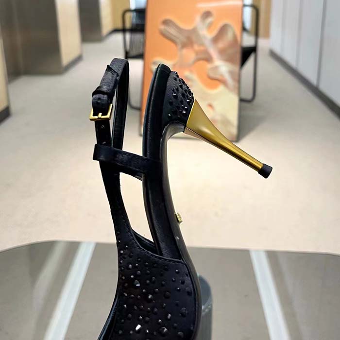 G*u*i women slingback pump crystals black silk satin pointed toe metallic high heel