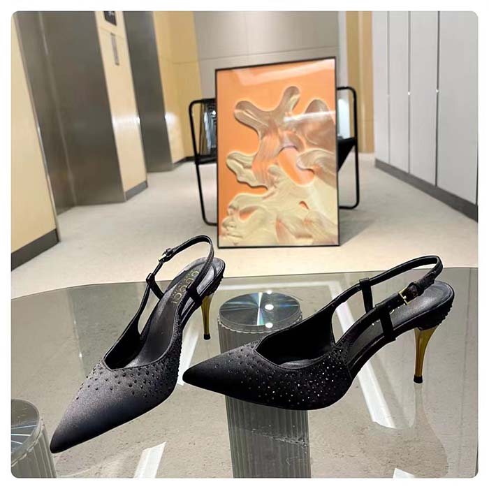 G*u*i women slingback pump crystals black silk satin pointed toe metallic high heel
