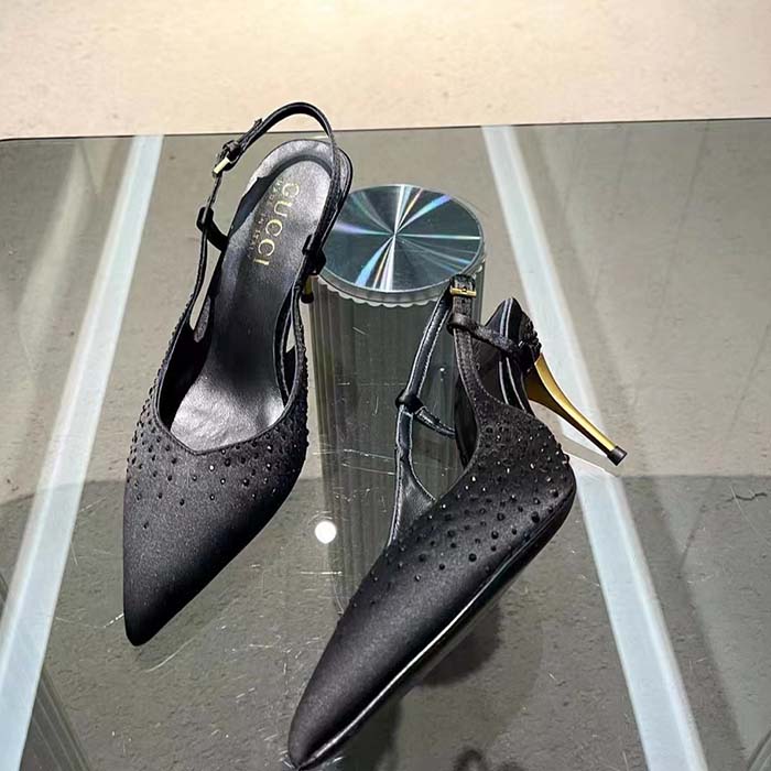 G*u*i women slingback pump crystals black silk satin pointed toe metallic high heel
