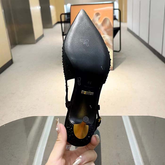 G*u*i women slingback pump crystals black silk satin pointed toe metallic high heel
