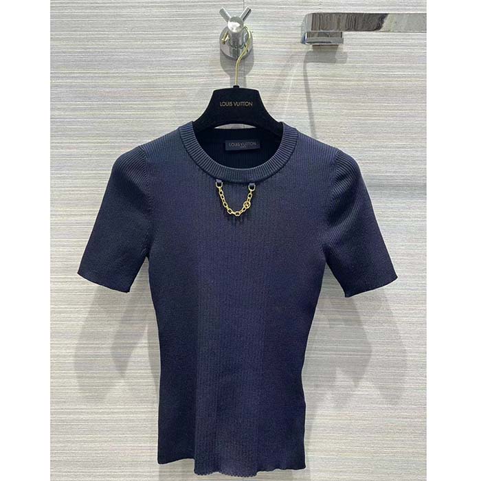 Louis Vuitton Women LV Ribbed Knit Top Wool Cashmere Dark Blue 1AFFRR