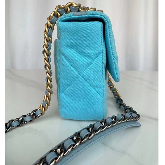 Chanel Women CC 19 Large Handbag Denim Gold Silver Tone Blue