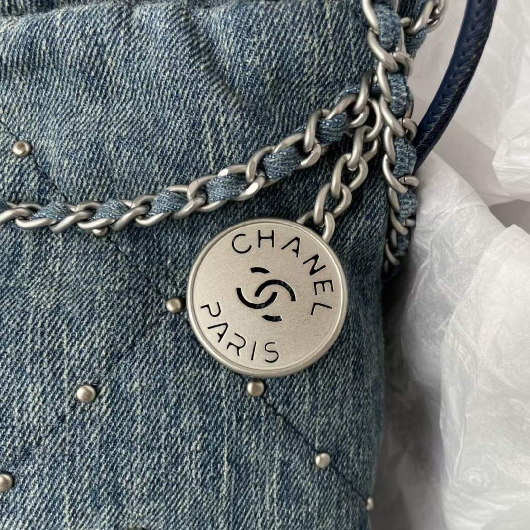 Chanel Women CC 22 Mini Handbag Washed Denim Silver-Tone Metal Blue