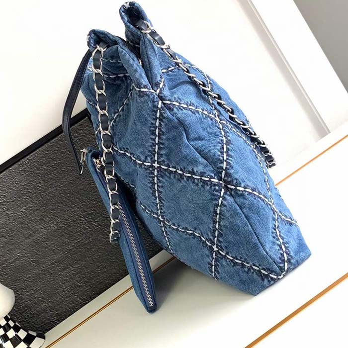 Chanel Women CC 22 Small Handbag Stitched Denim Silver Metal Blue