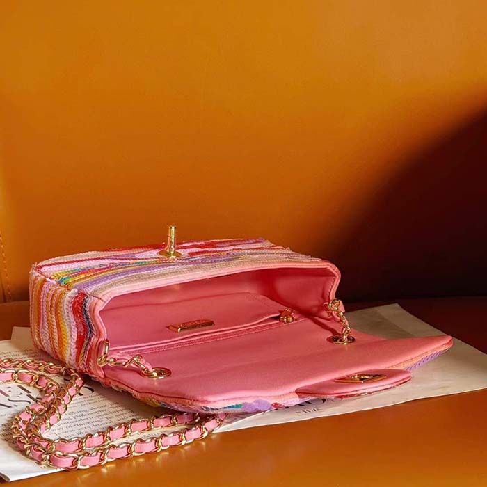 Chanel Women CC Mini Flap Bag Embroidered Satin Sequins Pink