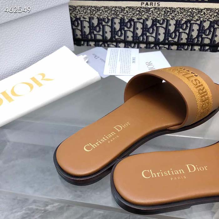Dior CD Unisex Dway Slide Camel Calfskin Embroidered Cotton