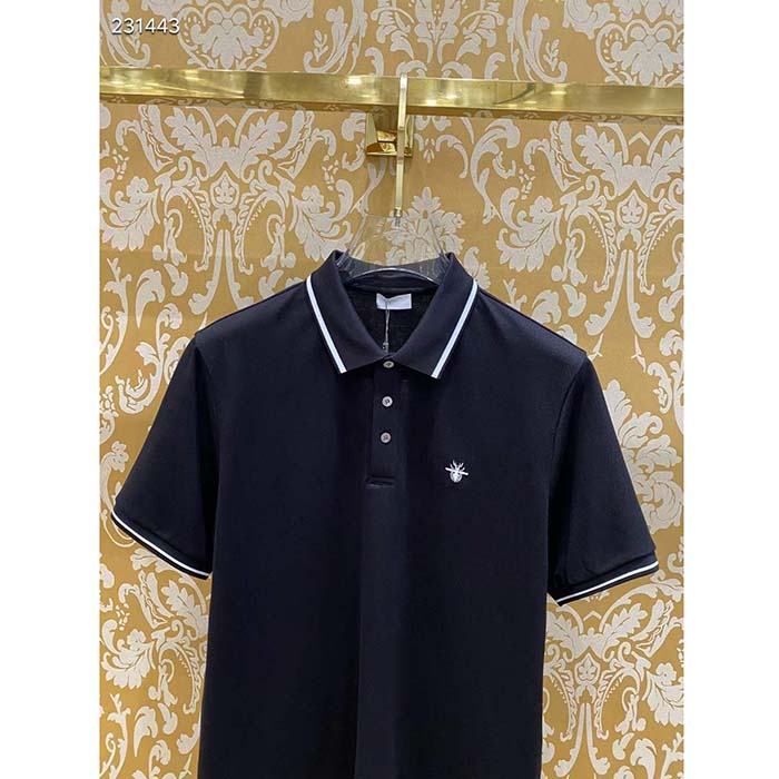 Dior Men CD Polo Shirt Bee Embroidery Black Cotton Piqué