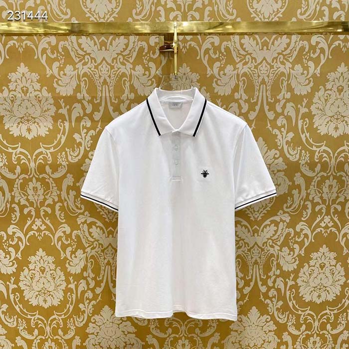 Dior Men CD Polo Shirt Bee Embroidery White Cotton Piqué