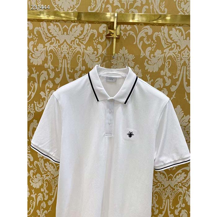 Dior Men CD Polo Shirt Bee Embroidery White Cotton Piqué