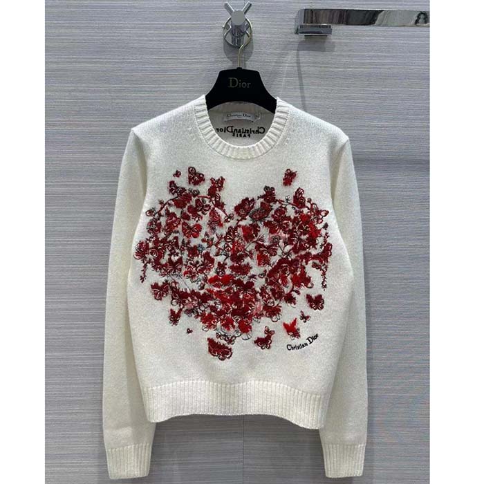 Dior Women CD Embroidered Sweater Red Cashmere Knit Le Cœur