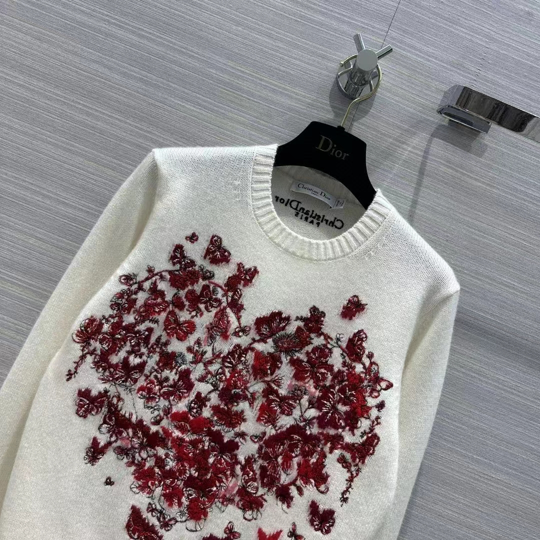 Dior Women CD Embroidered Sweater Red Cashmere Knit Le Cœur
